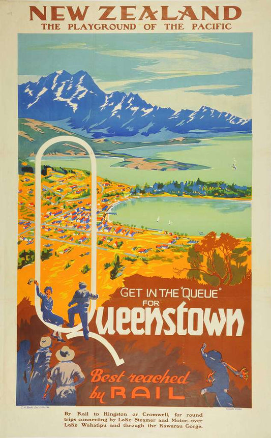 Queenstown New Zealand vintage railway poster (1930s)
