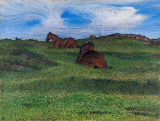 High quality Giclée reproduction of Nils Kreuger's 1896 painting "Horses Resting," Swedish Expressionist landscape with horses in a green field under a dynamic sky.