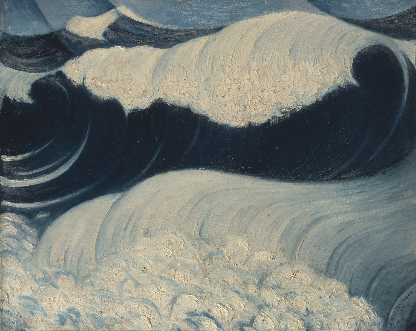 Artistic depiction of large waves with a focus on texture and movement.