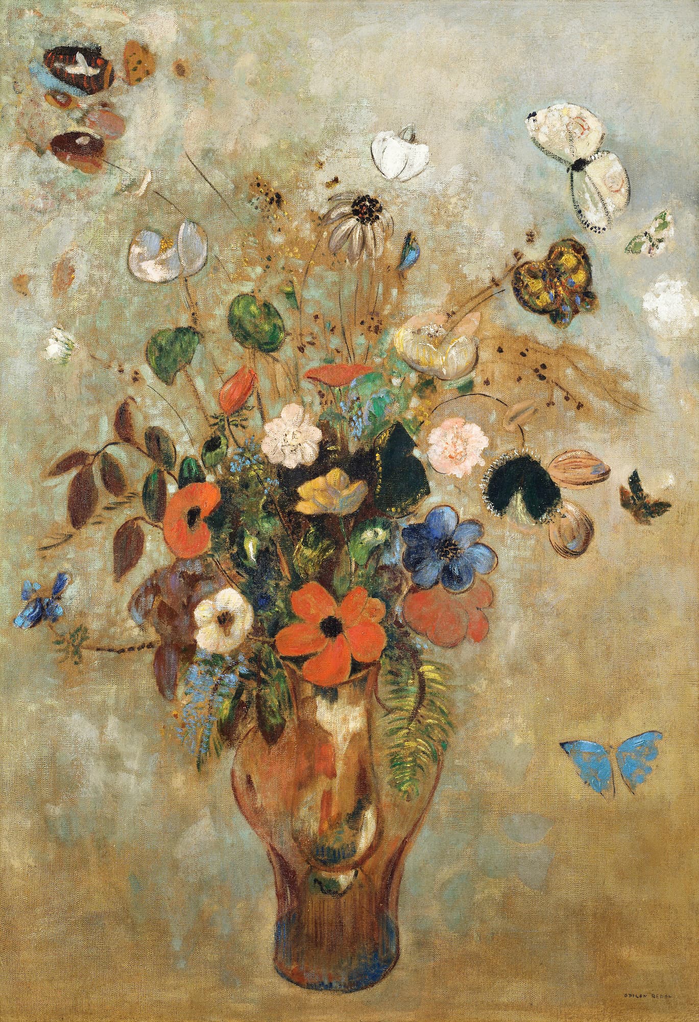 Painting of a vase with flowers and butterflies on a textured beige background