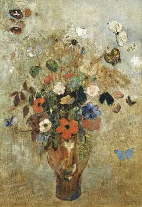 High quality Giclée reproduction of Odilon Redon's ca. 1905 Symbolist painting, Bouquet of Flowers with Butterflies, featuring red poppies and blue blooms.