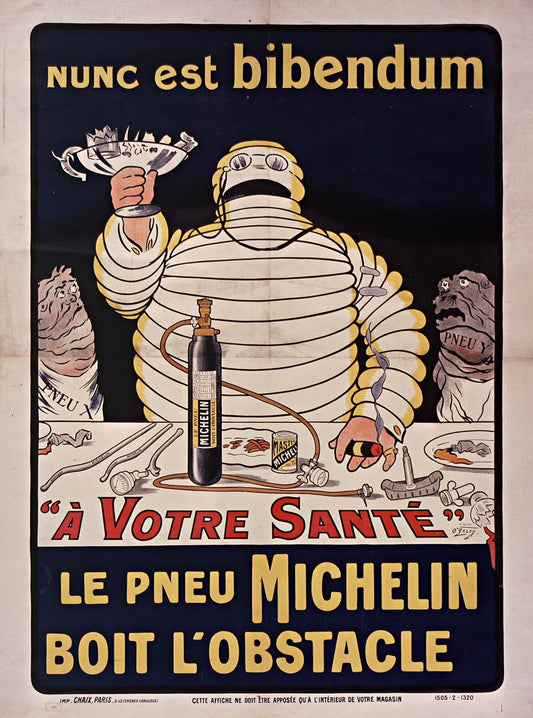 High-quality Giclée reproduction of the 1898 Michelin Man (Bibendum) poster by O'Galop, showing the mascot raising a cup, with the Latin slogan "Nunc est bibendum," vintage French advertising.