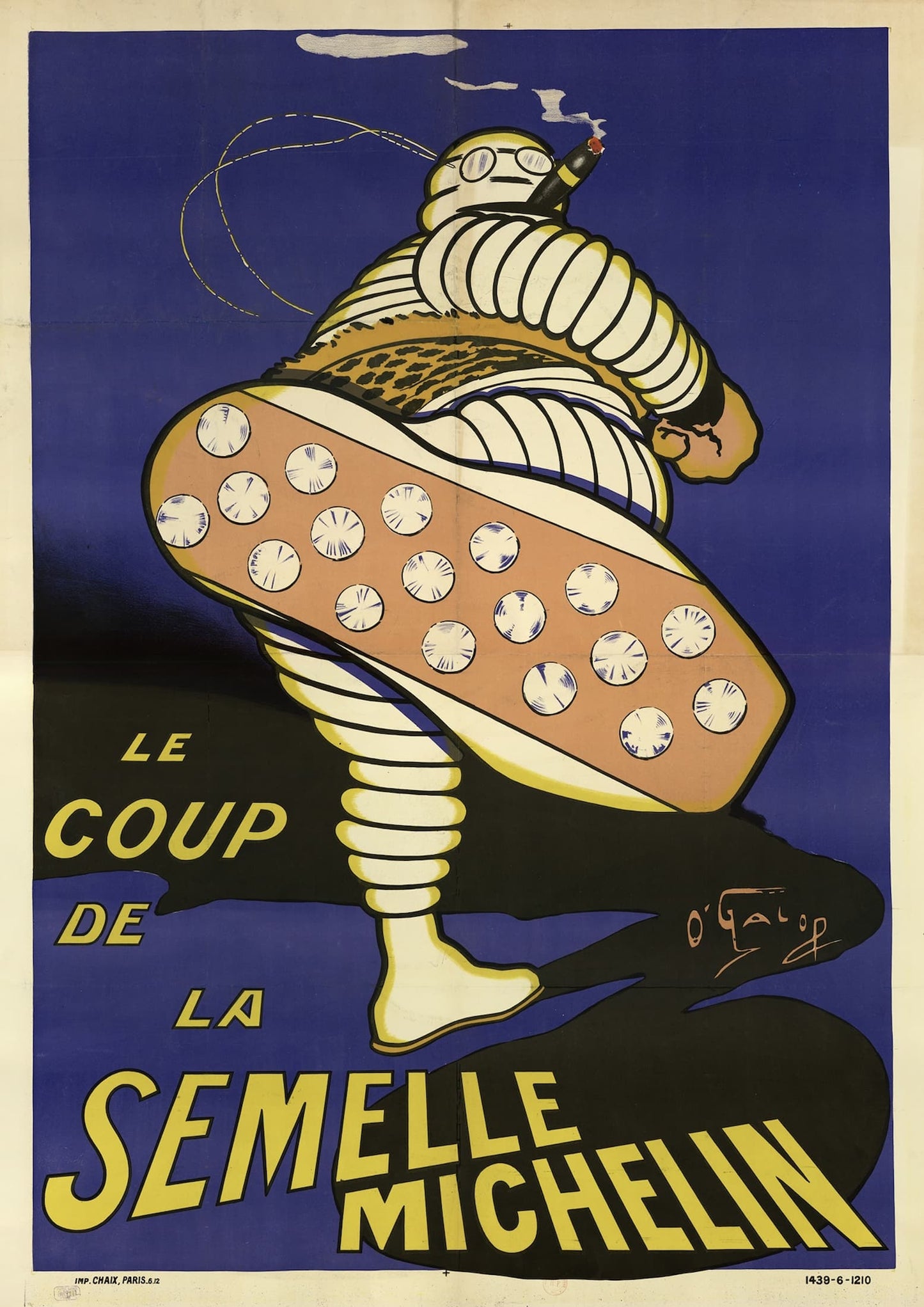 Vintage poster of Michelin tire with snake design against a blue background