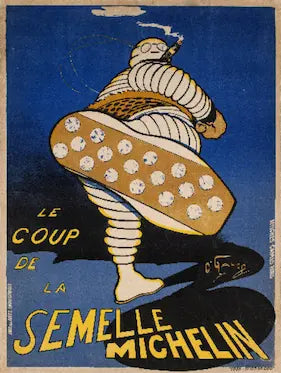 High quality Giclée reproduction of O'Galop's Michelin poster "Le Coup de la Semelle Michelin," featuring the Michelin Man kicking a plank of nails, c. 1905.