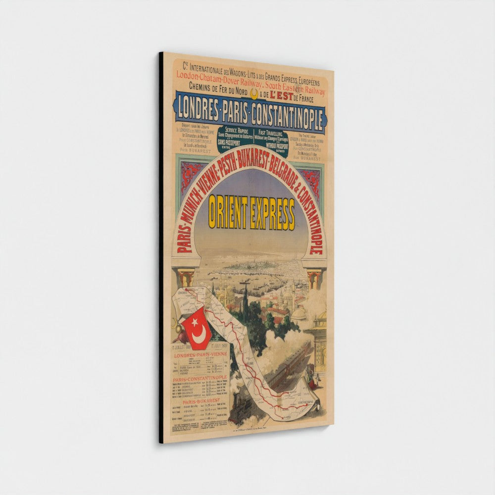 A vintage Orient Express travel poster print featuring an illustrated city scene with steam trains, a map, and large yellow and red typography, shown hanging against a light gray wall.