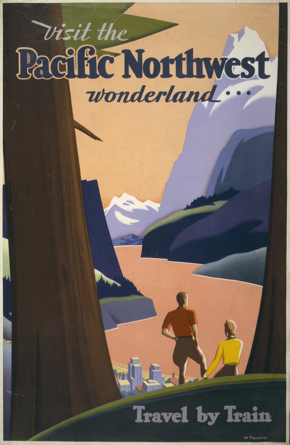 Vintage-style travel poster for the Pacific Northwest with mountains, a city, and two people looking at the view.