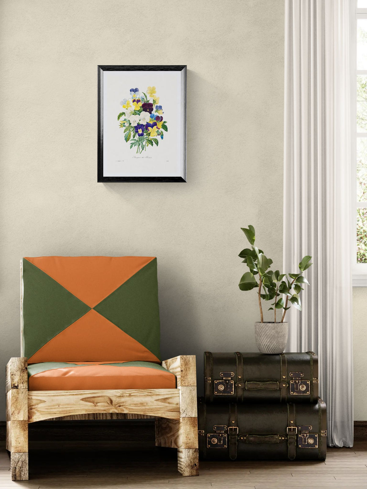 Colorful geometric-patterned chair in a room with a framed floral picture on the wall.