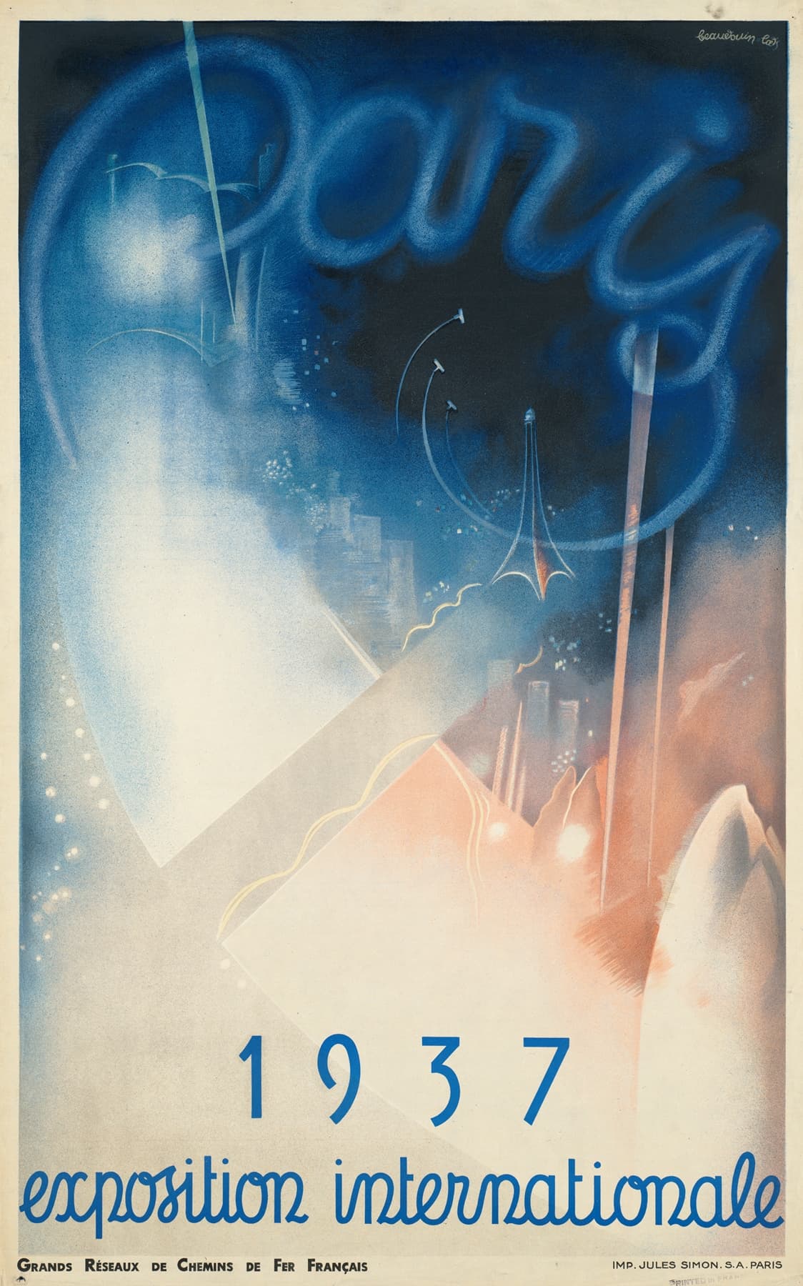 High-quality Giclée reproduction of the 1937 Paris Exposition Internationale poster, showing an Art Deco style view of the Eiffel Tower at night in blue and orange, vintage French travel ad.