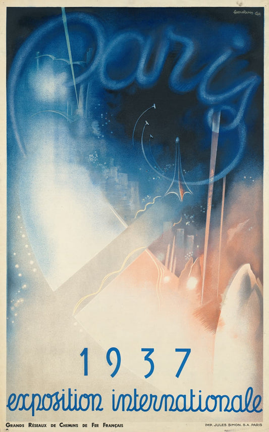 High-quality Giclée reproduction of the 1937 Paris Exposition Internationale poster, showing an Art Deco style view of the Eiffel Tower at night in blue and orange, vintage French travel ad.