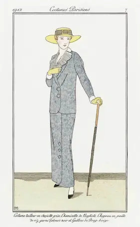 Fashion plate from 'Costumes Parisiens' showing a woman in a gray coat and yellow hat with a cane.