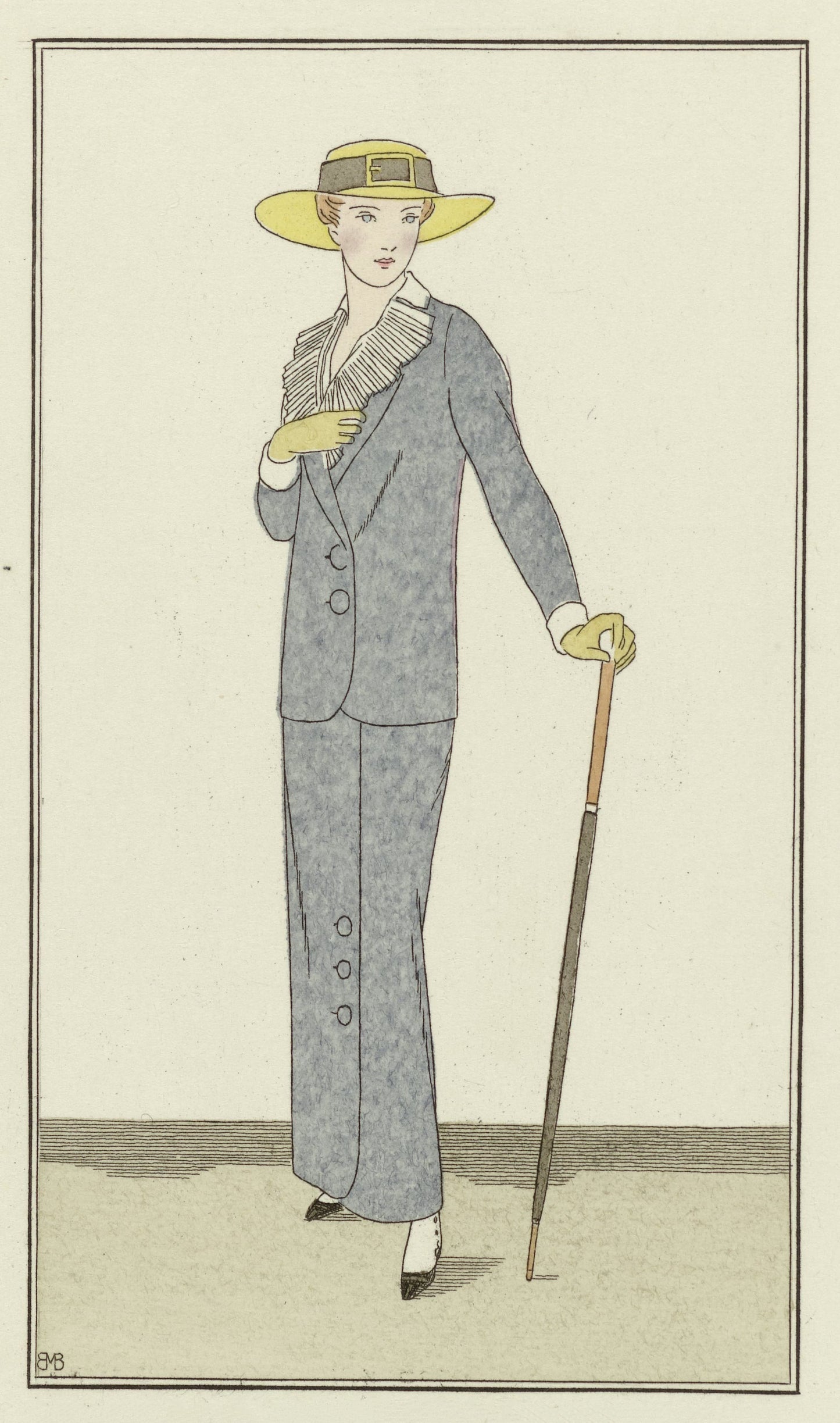 Fashion illustration of a woman in a gray suit with a yellow hat and cane on a plain background