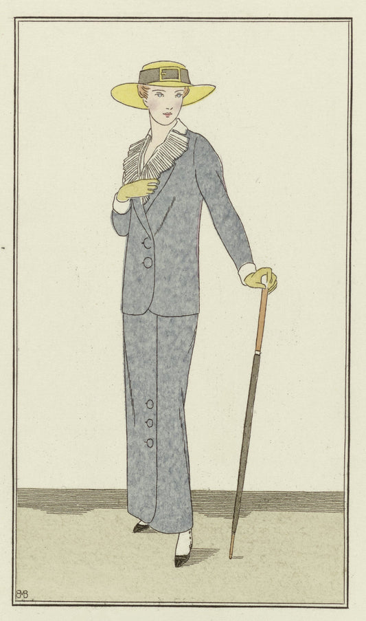 Fashion illustration of a woman in a gray suit with a yellow hat and cane on a plain background