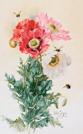 High-quality Giclée reproduction of Paul de Longpré's watercolor painting featuring a cluster of red, pink, and white poppies with detailed green leaves and three bees, vintage 1900s botanical art.