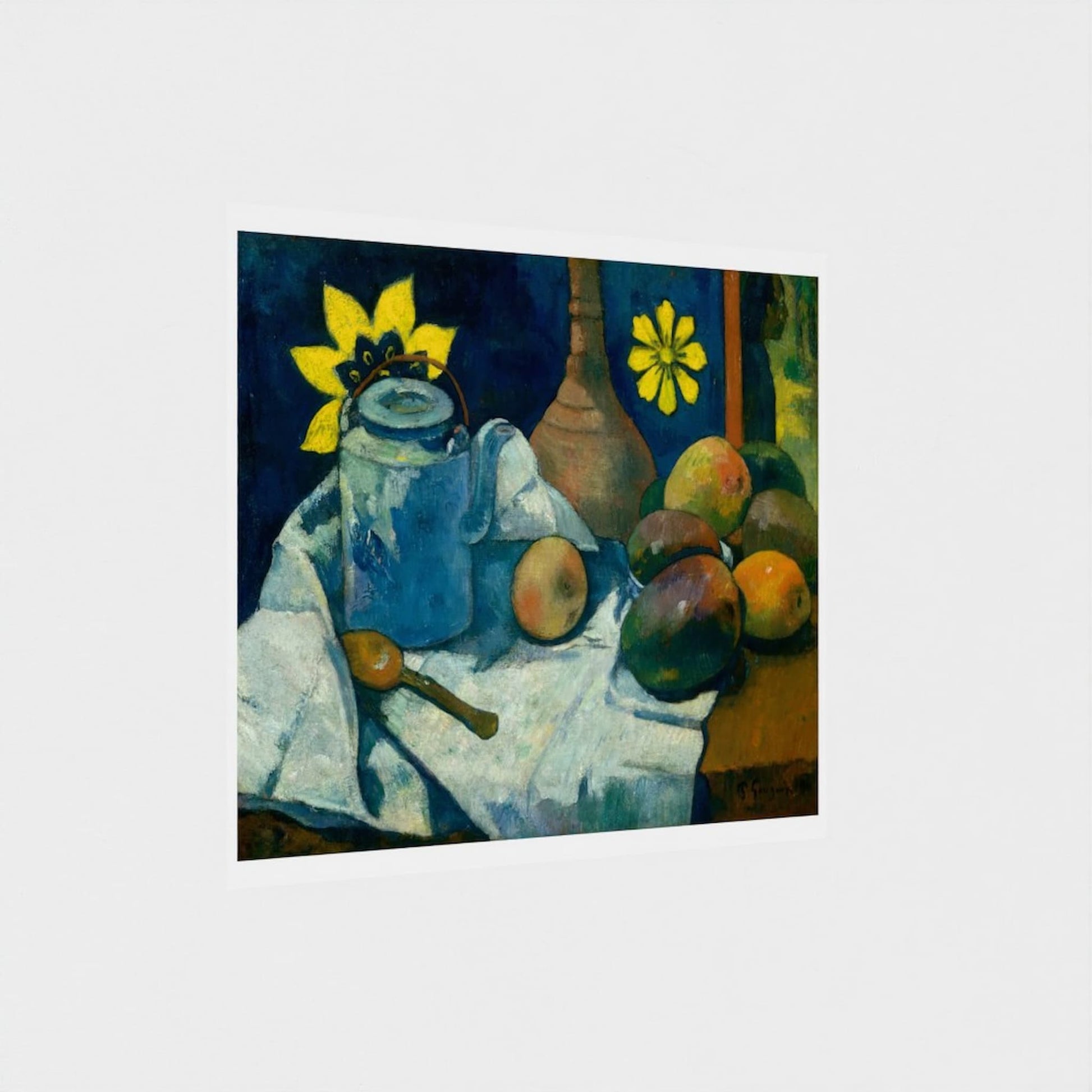 Still life painting with a blue pitcher, apples, and a spoon on a white cloth.