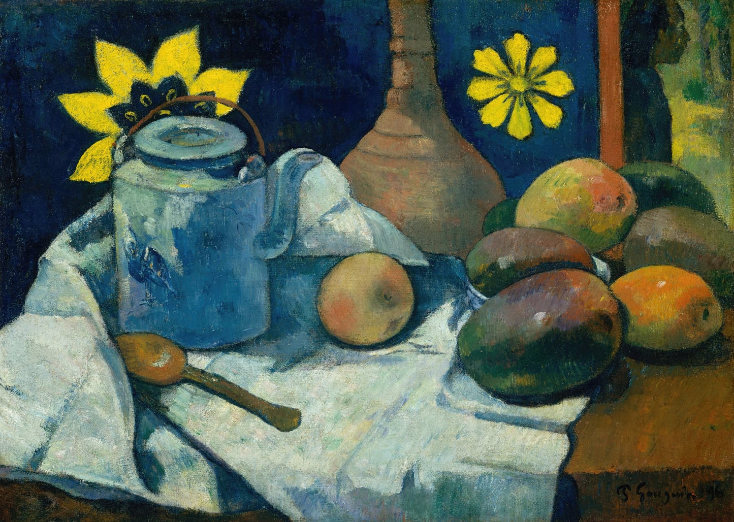 High quality Giclée reproduction of Paul Gauguin's 1896 painting "Mangoes and Teapot," post-impressionist still life with yellow flowers and a blue teapot on a white cloth.