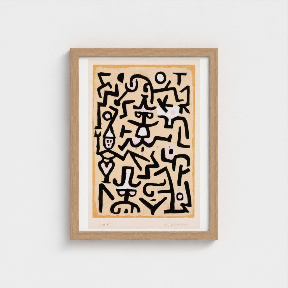 Framed abstract artwork with black lines on a beige background