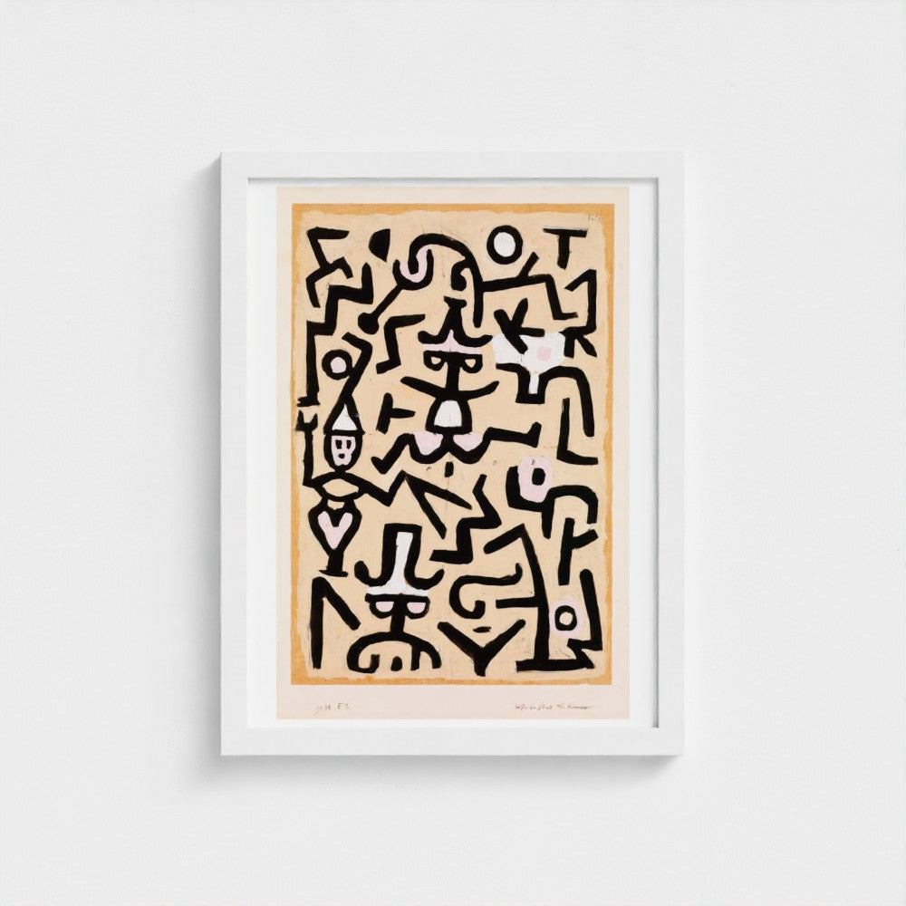 Framed abstract artwork with black lines on a beige background
