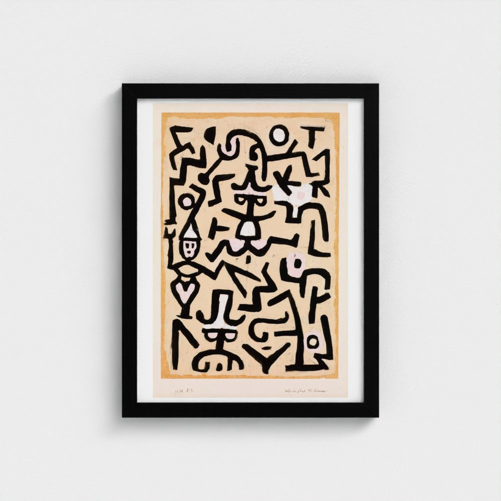 Framed abstract artwork with black lines on a beige background