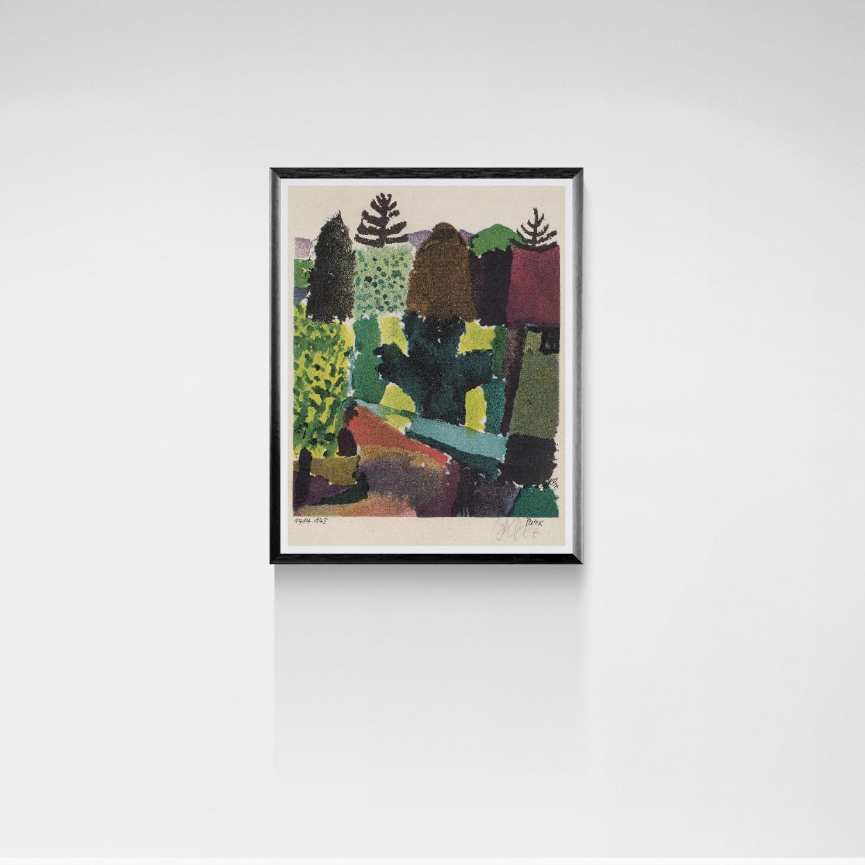 Framed abstract artwork on a white wall