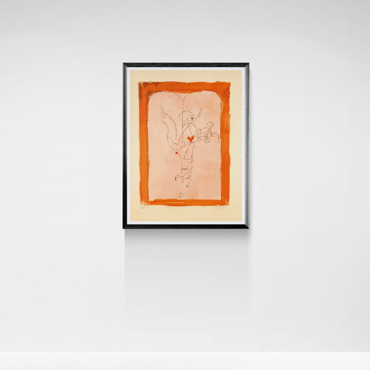 Framed abstract angel artwork on a white wall