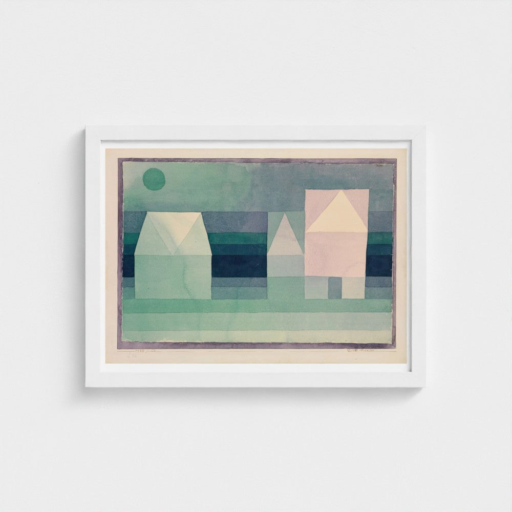 Framed abstract artwork with geometric shapes on a white wall
