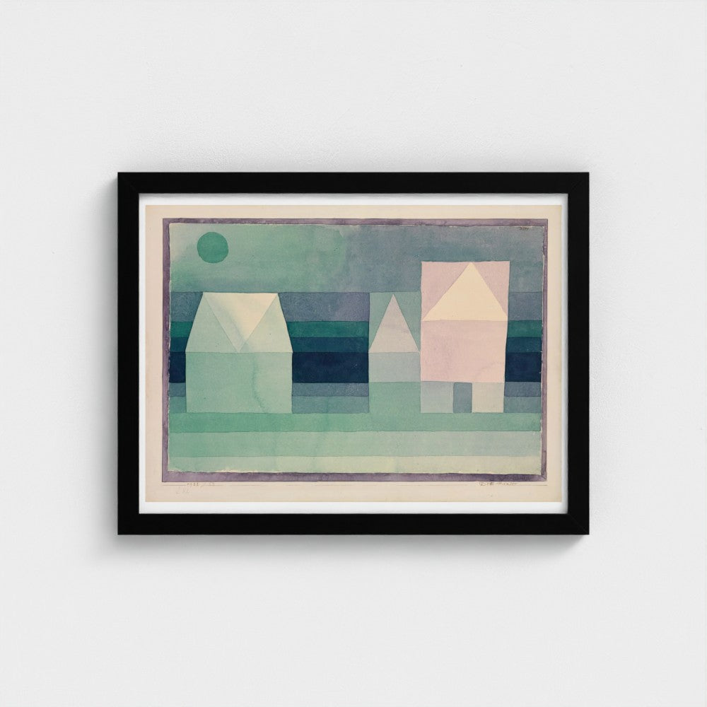 Framed abstract artwork with geometric shapes on a plain background