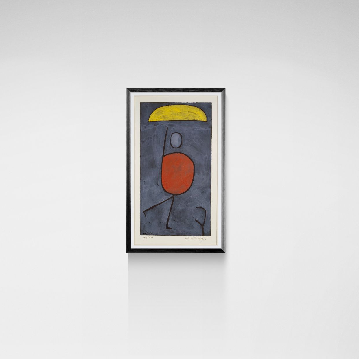 Framed abstract artwork with a red circle and yellow shape on a gray background