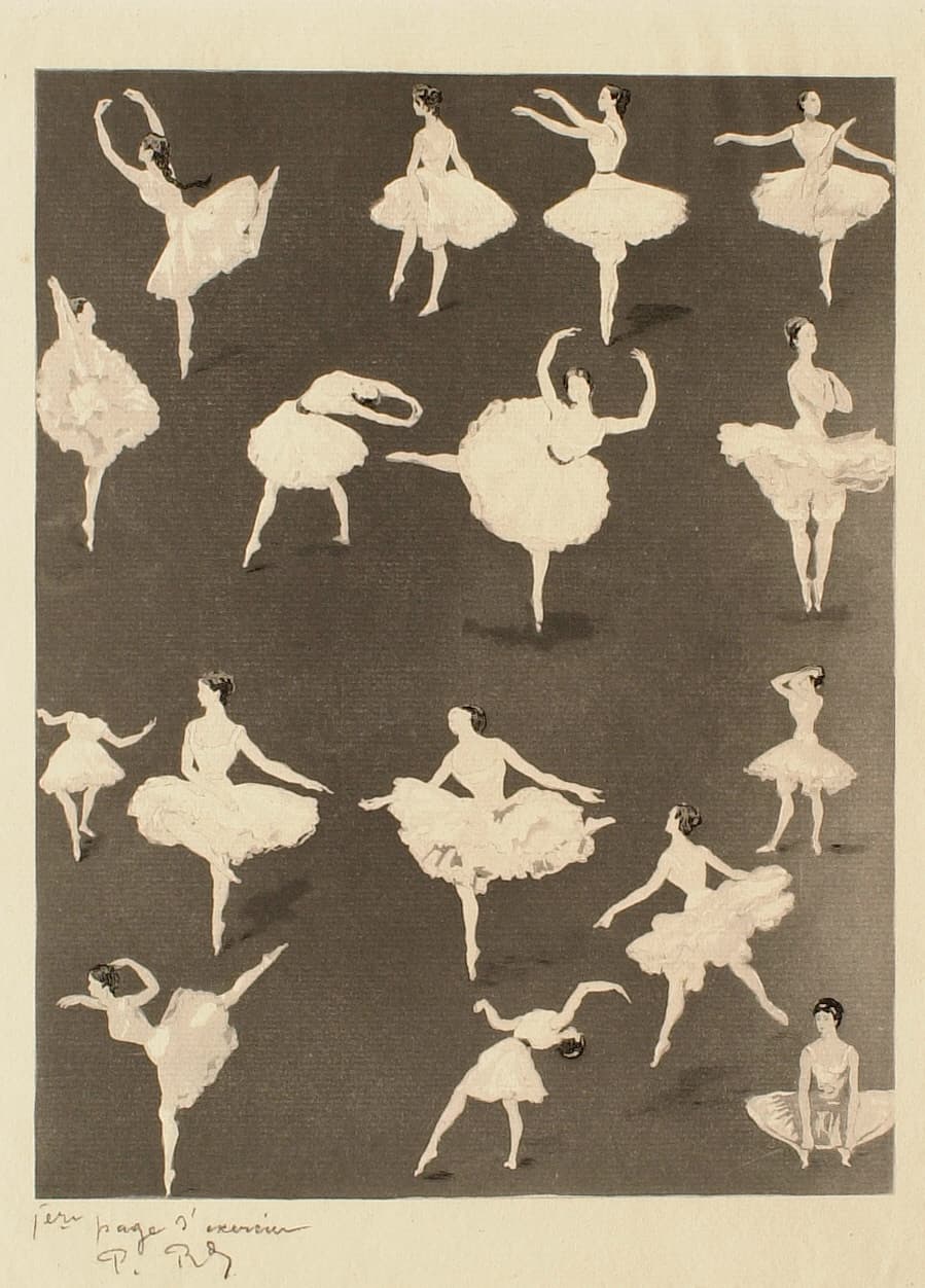 High quality Giclée reproduction of Paul Renouard's 1900s lithograph study of multiple ballerinas in various dance poses, vintage theatrical art.