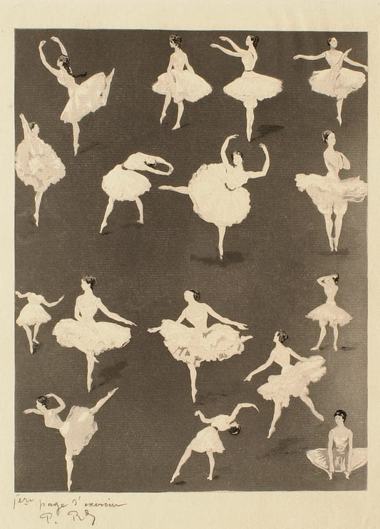 High quality Giclée reproduction of Paul Renouard's 1900s lithograph study of multiple ballerinas in various dance poses, vintage theatrical art.