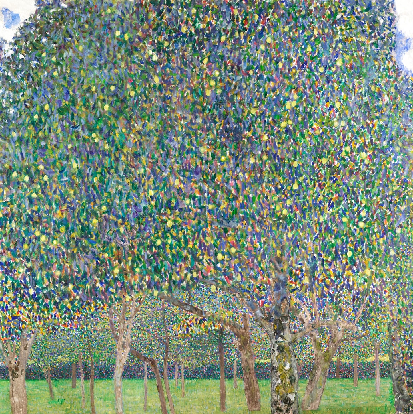 Colorful abstract painting of trees with a focus on green and blue hues.