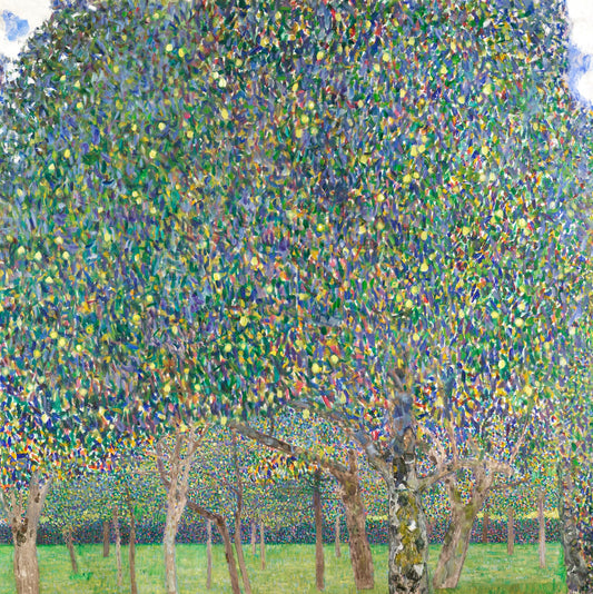 Colorful abstract painting of trees with a focus on green and blue hues.
