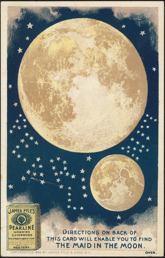 Vintage-style card with illustration of the moon and stars, featuring a small advertisement at the bottom.