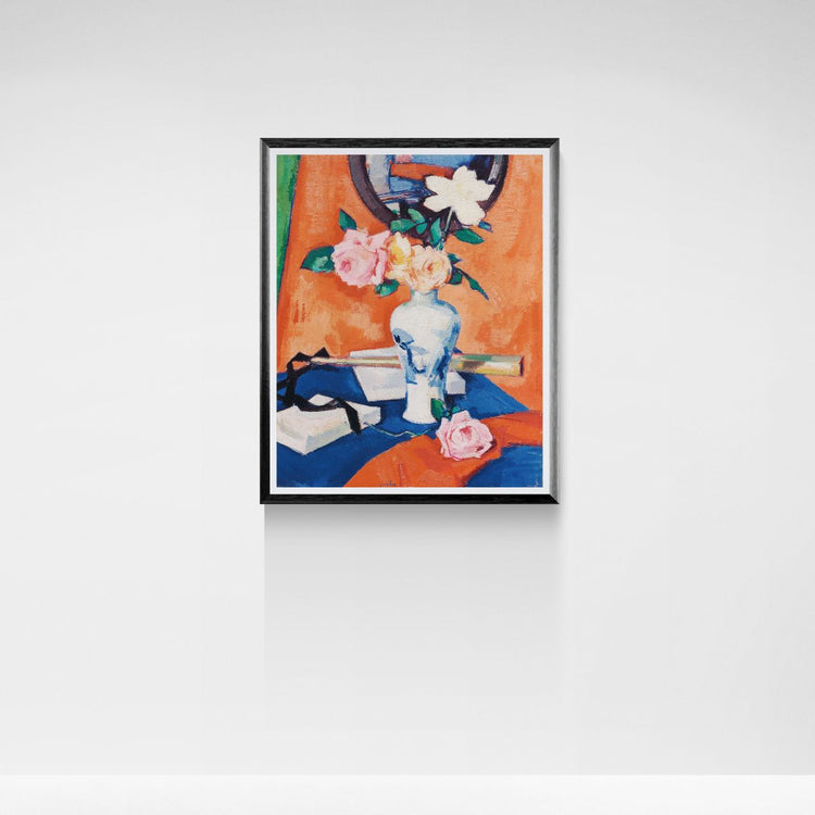 Framed painting of a still life scene with flowers and a vase on a white wall.
