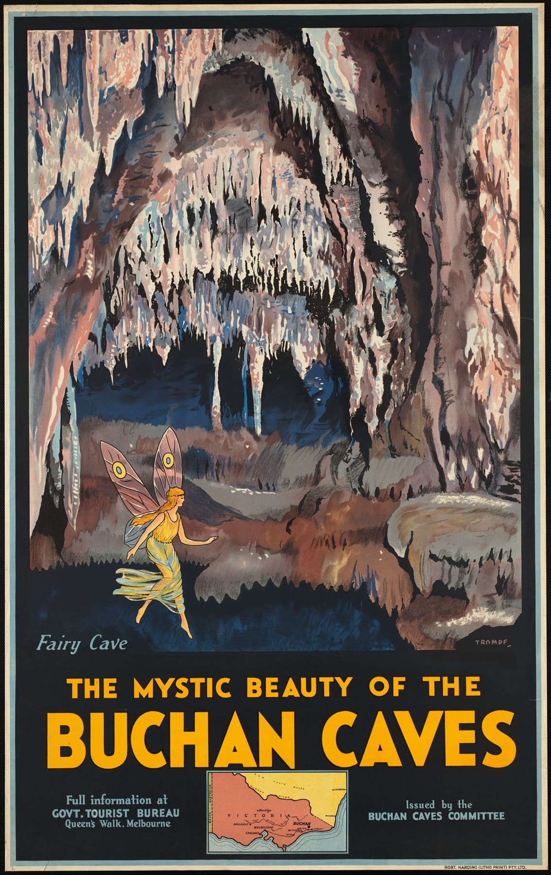 High-quality Giclée reproduction of Percy Trompf's 1930s Buchan Caves travel poster, showing a large cave interior with stalactites and a fairy figure, vintage Australian art.