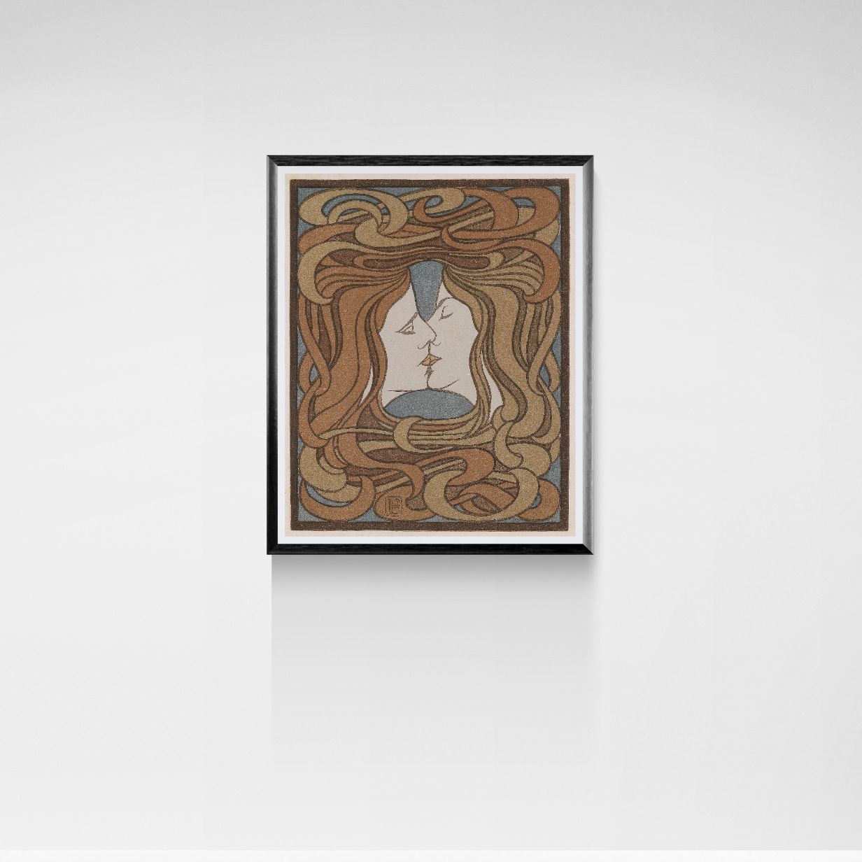Framed abstract artwork with wavy lines on a white background