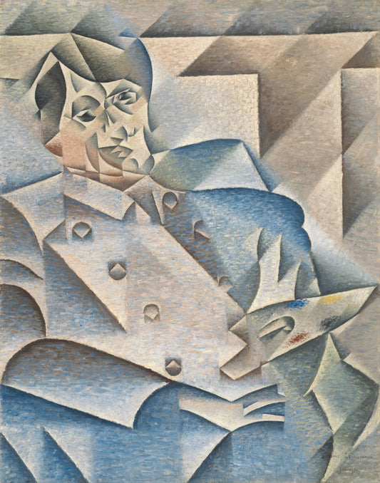 Cubist portrait of Picasso holding a dog with geometric patterns