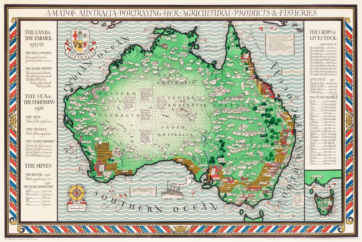 High-quality print of a green and tan 1930s pictorial map of Australia, detailing agricultural products, fisheries, and historical notes in a decorative border, vintage cartography.
