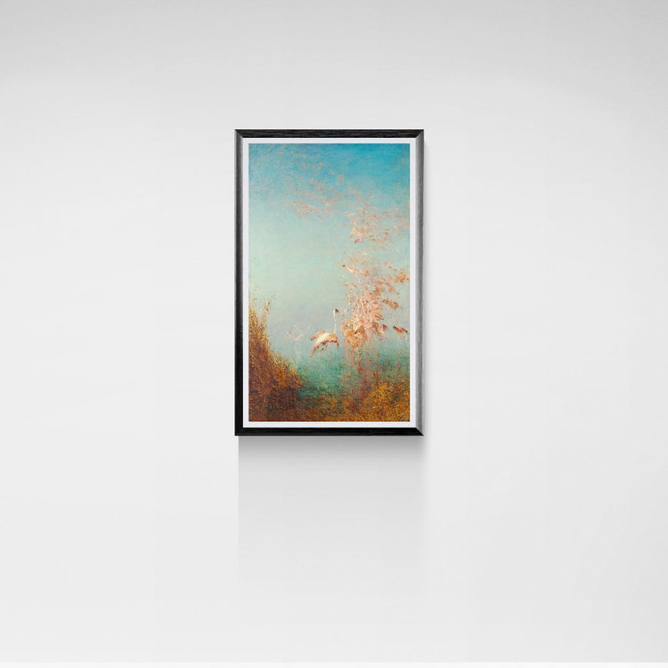 Framed artwork of a nature scene with flamingos and sky on a white wall.