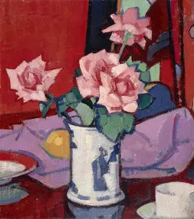 Still life painting of pink roses in a blue and white vase on a table with a red wall.