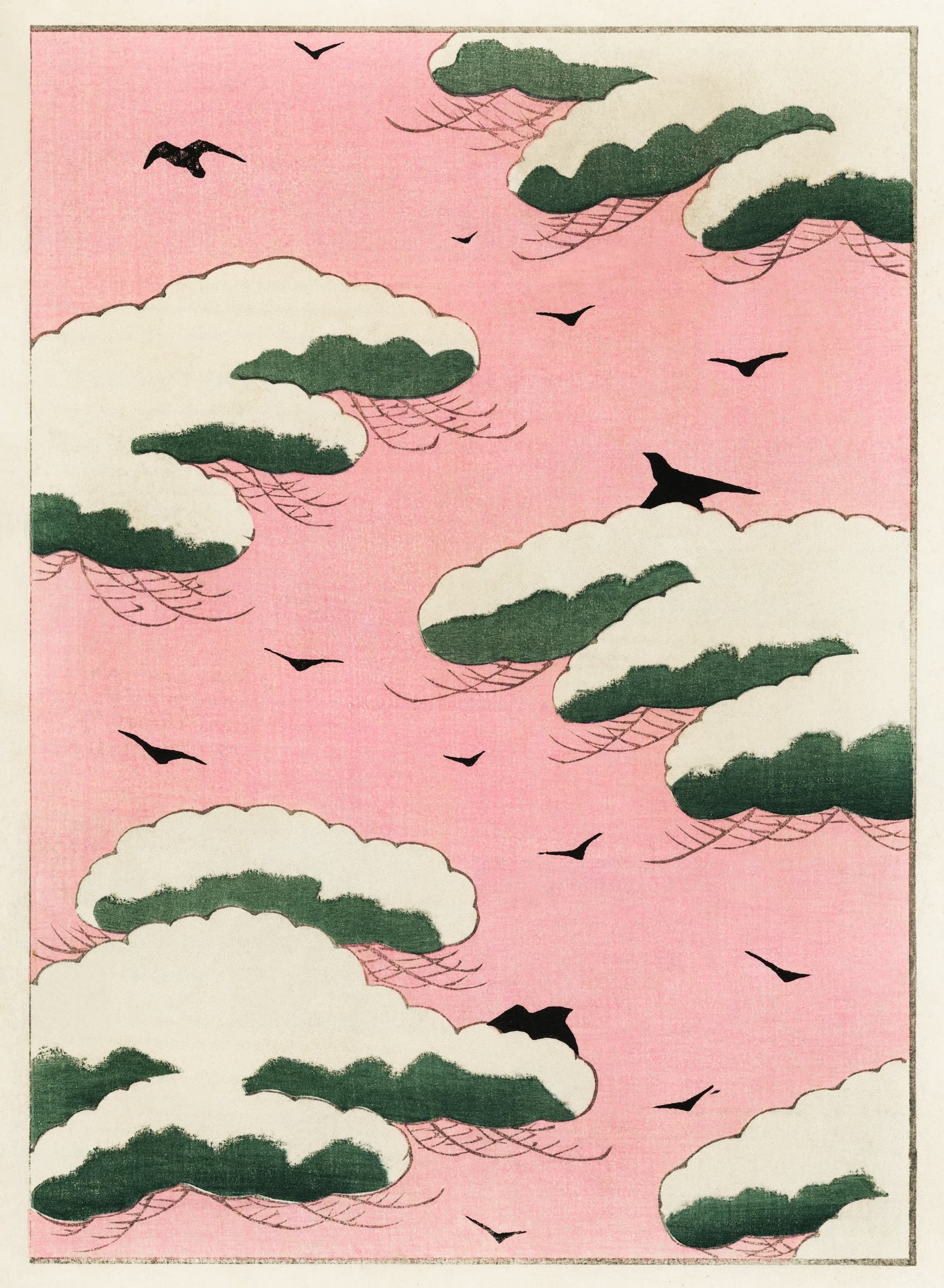 Traditional Japanese artwork with pink sky, white clouds, and black birds.