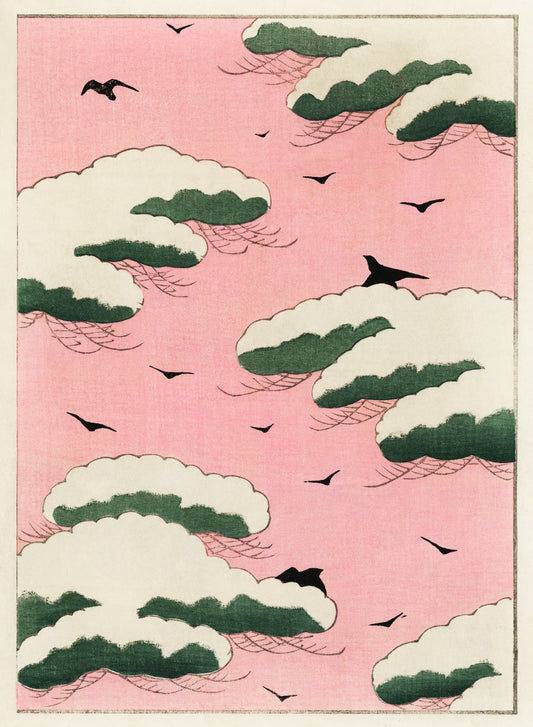Traditional Japanese artwork with pink sky, white clouds, and black birds.