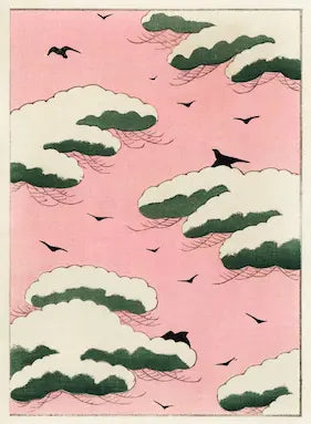Pattern of green and white clouds with black birds on a pink background