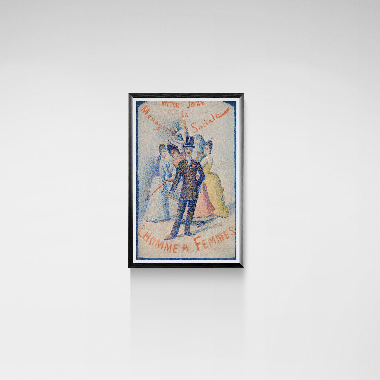 Framed vintage-style poster with a couple on a white wall