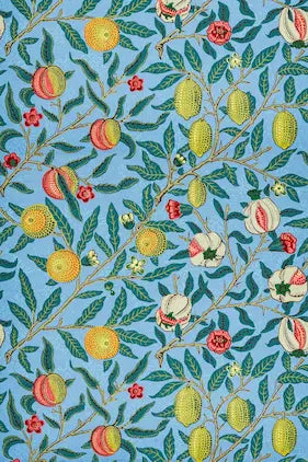 Decorative pattern with fruits and flowers on a blue background