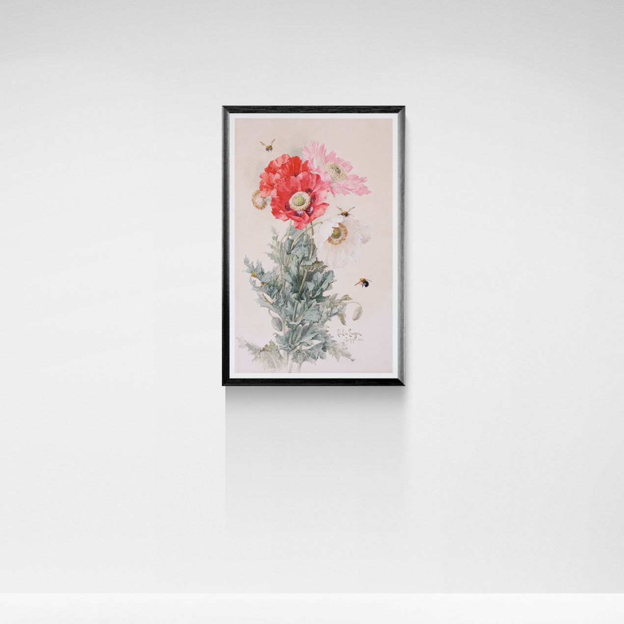 Framed floral artwork on a white wall