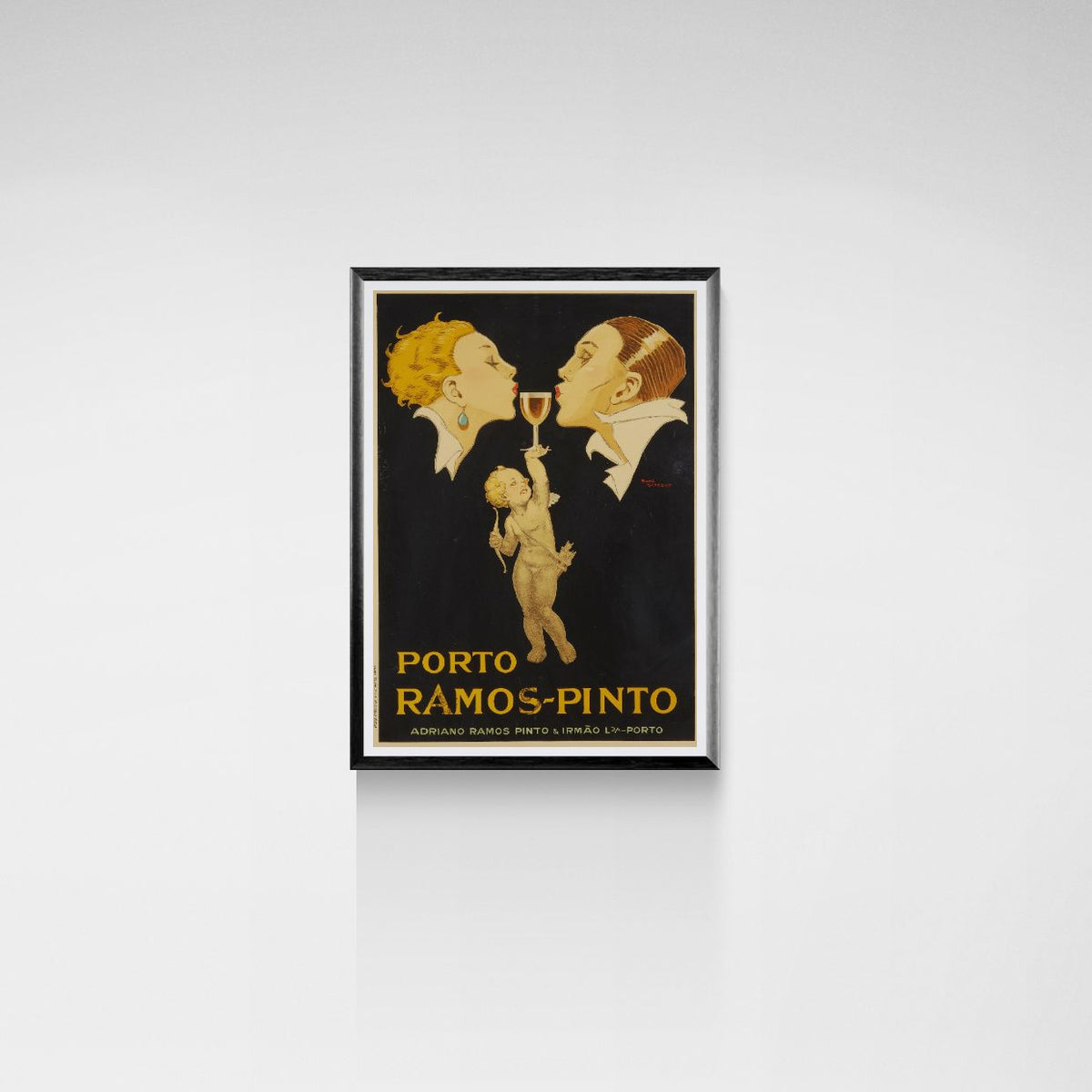 Vintage-style poster of a couple with a child, featuring the brand 'Porto Ramos Pinto', on a white background.