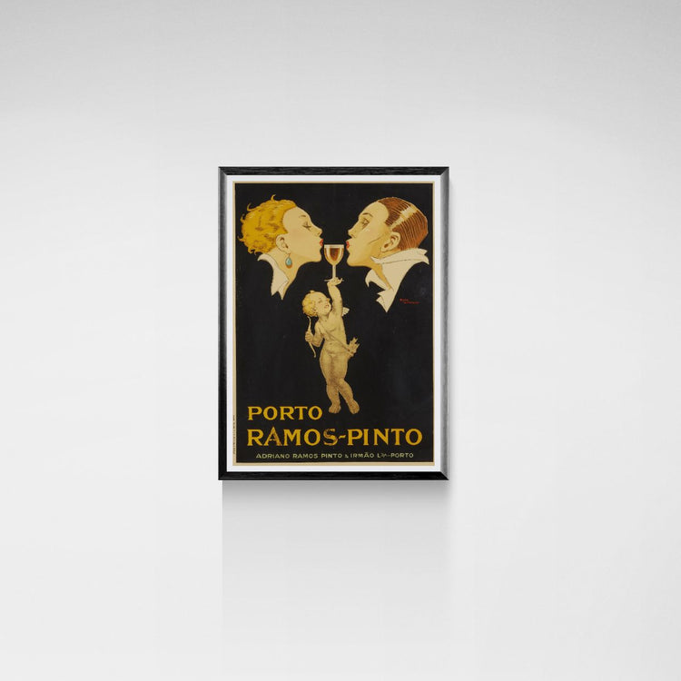 Vintage-style poster of a couple with a child, featuring the brand 'Porto Ramos Pinto', on a white background.