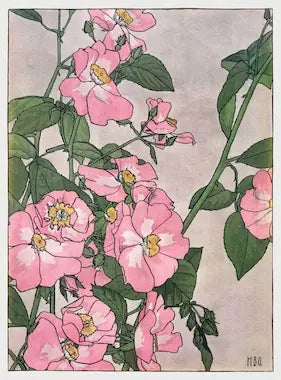 Illustration of pink flowers with green leaves on a light gray background