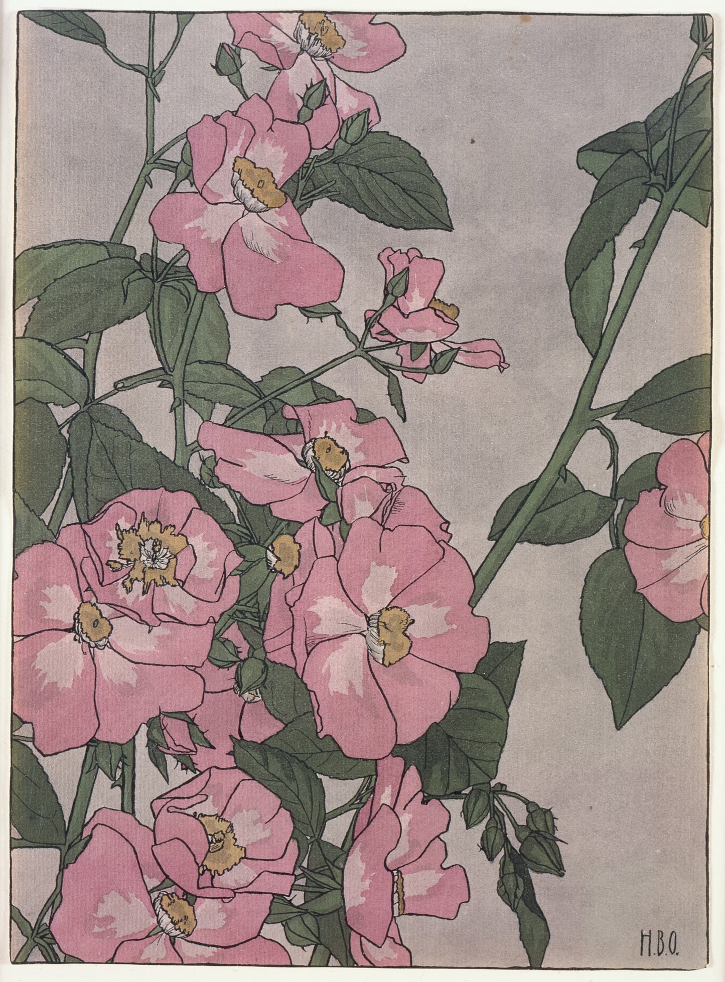 Illustration of pink flowers with green leaves on a gray background