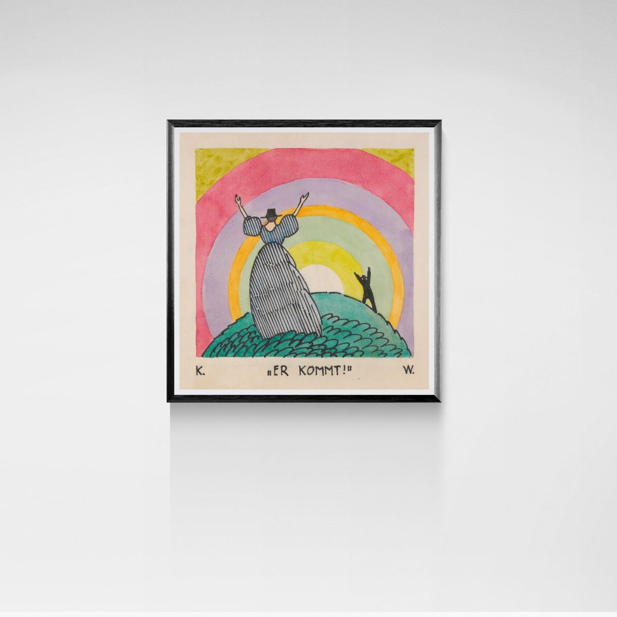 Framed artwork with a colorful abstract design on a white wall